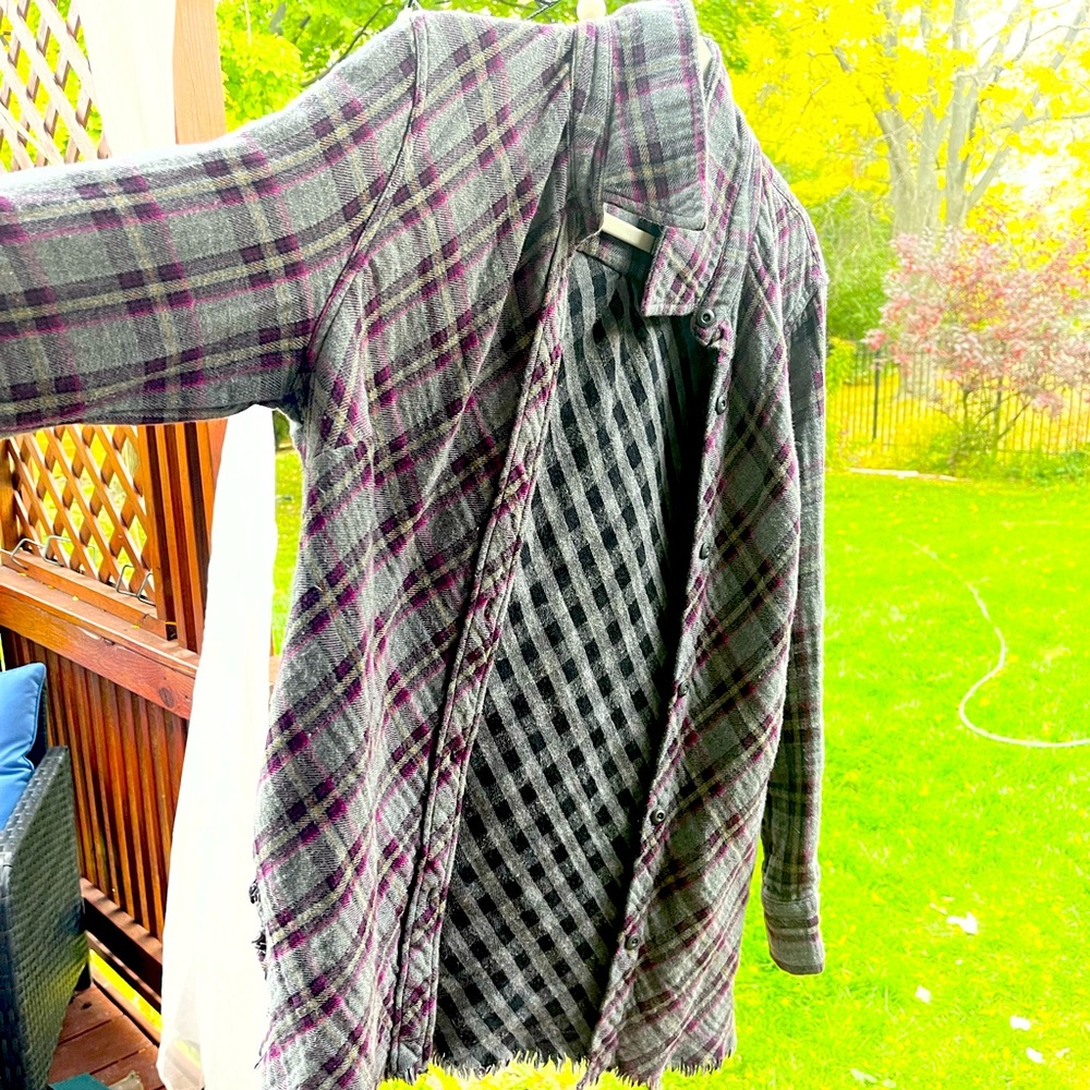 Cabi, Highland, Gray and Plum flannel with fringe button down
